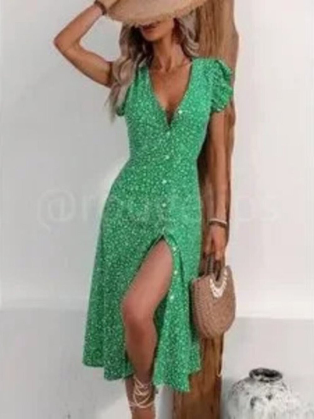 Boho Green Floral V Neck Ruffle Hem Midi Length, A Line Button Up Dress